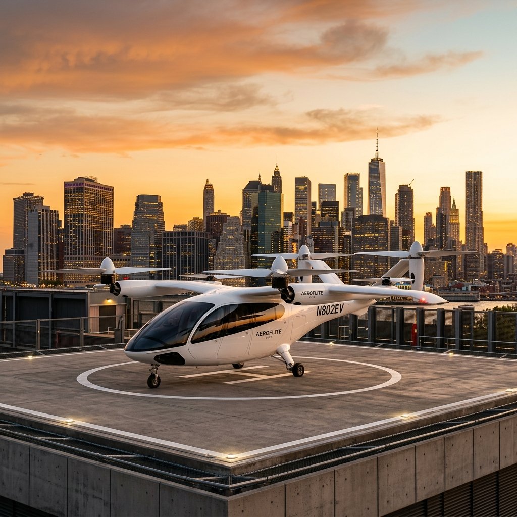 Vyobha eVTOL Aircraft on helipad at sunset
